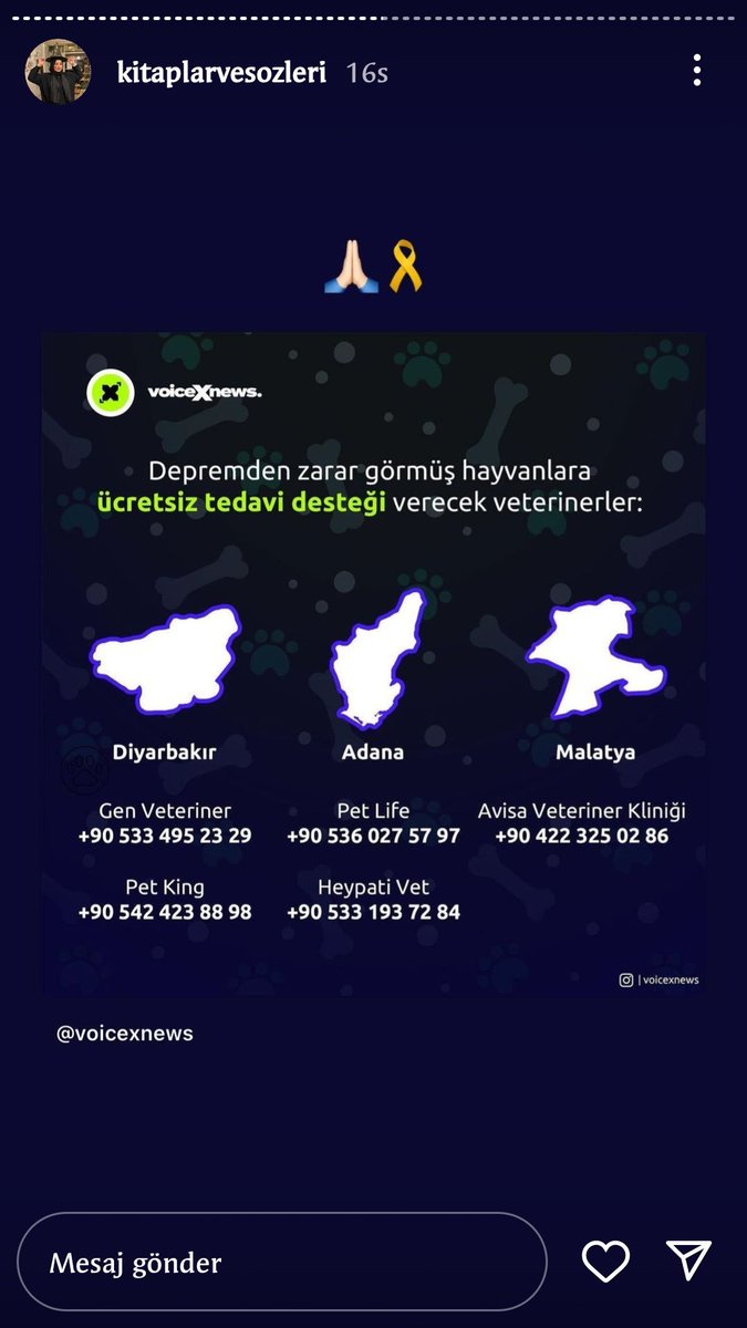 ertunc_hacer's tweet photo. Depremde zarar gören hayvanların ücretsiz tedavi görebileceği yerler ve numaraları #Marmara #Diyarbakir #adanadeprem #malatyadeprem #Malatya https://t.co/5LUGCN4vXz
