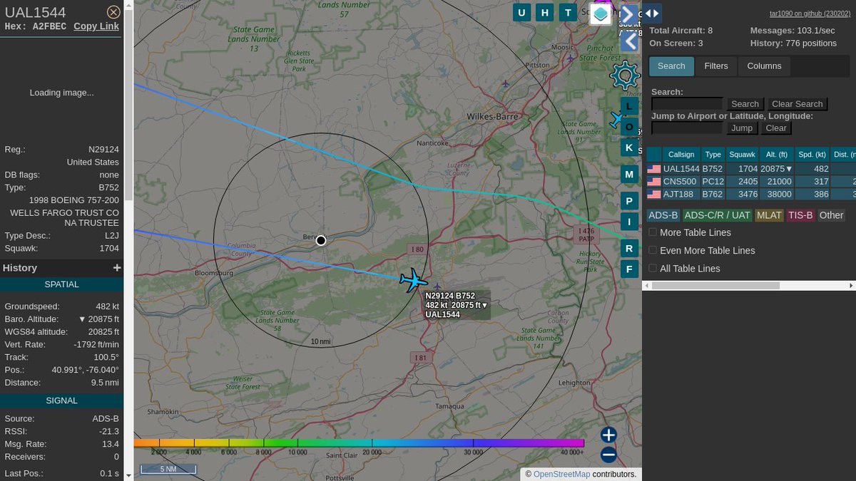 #UAL1544 / A2FBEC: Squawk 1704, 2.5mi away @ 22900ft, heading E at 586.0mph @ 00:21:54 US Eastern Time. #LateNights #UpInTheClouds #ZOOOM #PROSPBerwick #ADSB