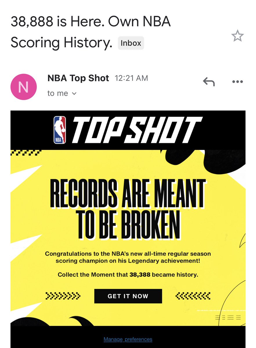 andr3w's tweet photo. wait did nba topshot turn bron breaking the scoring record into an nft within 20 minutes https://t.co/C87wcgNsEn