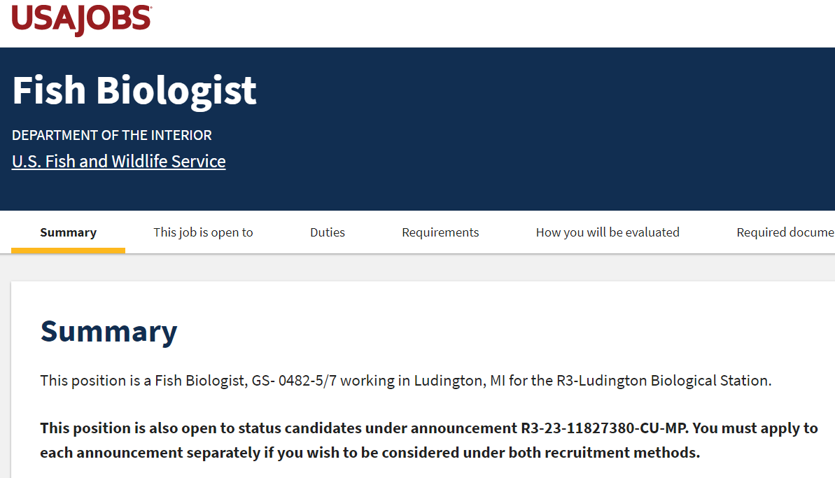 InlandFisheries's tweet photo. #InFish #jobalerts 2023-02-08 (4/4)

@USFWS, #Ludington Biological Station is currently recruiting for three #permanent #fulltime #Fish #Biologist positions. The positions are being recruited through at the GS-5 and GS-7 level (promotion potential GS-11).

https://t.co/UYMXq0IWk3 https://t.co/eDSi4hYzaj