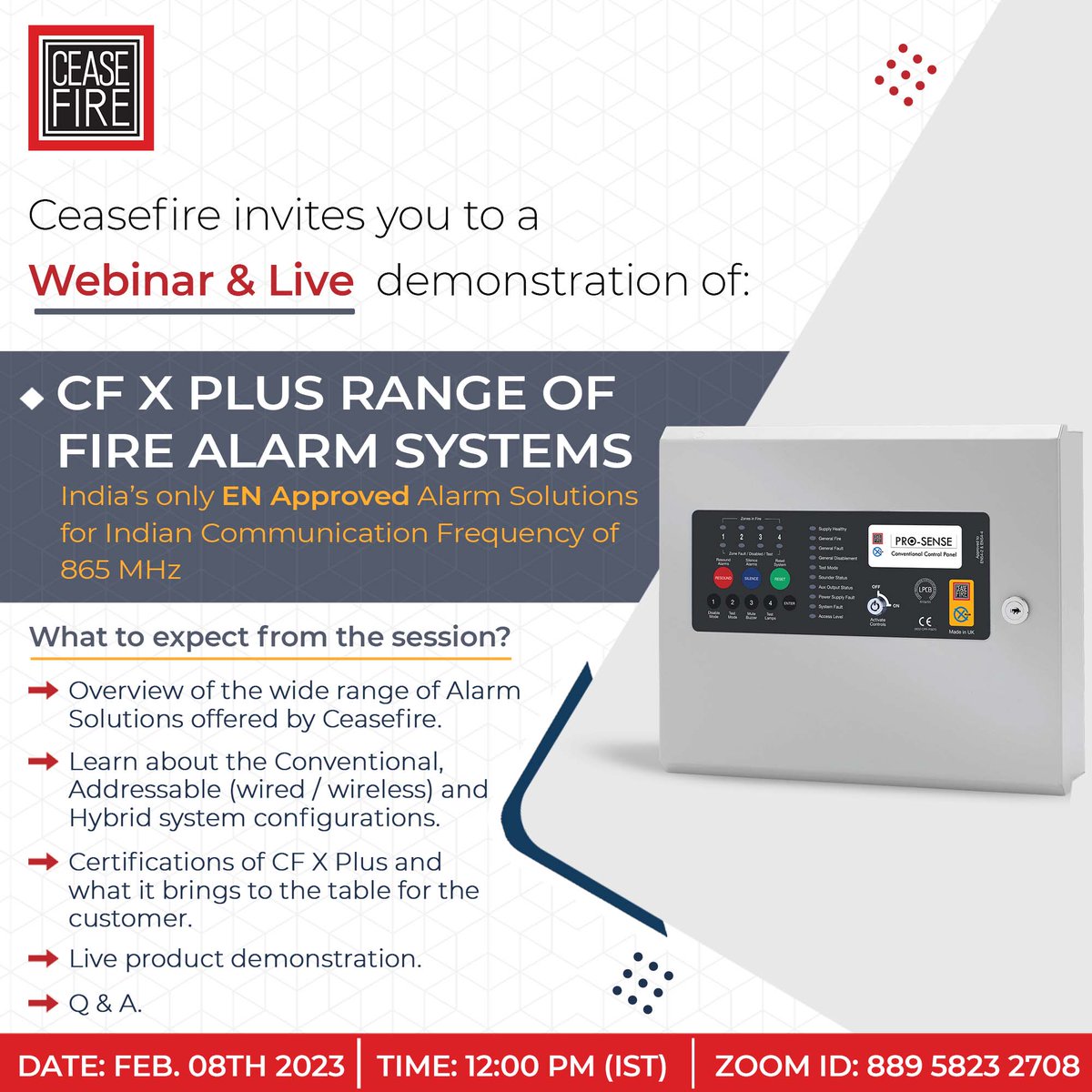 CeasefireIndia's tweet photo. Join us for a live webinar on our CF X Plus Range Of Fire Alarm Systems, on 8th February 2023 at 12:00 PM, on our official Facebook page.
#firecontrols #fireprotection #firesafety #fireextinguisher #firefight #firesafety #webinar #firealarm #firealarmsystem #firealarmsystems https://t.co/hP1MphXipW