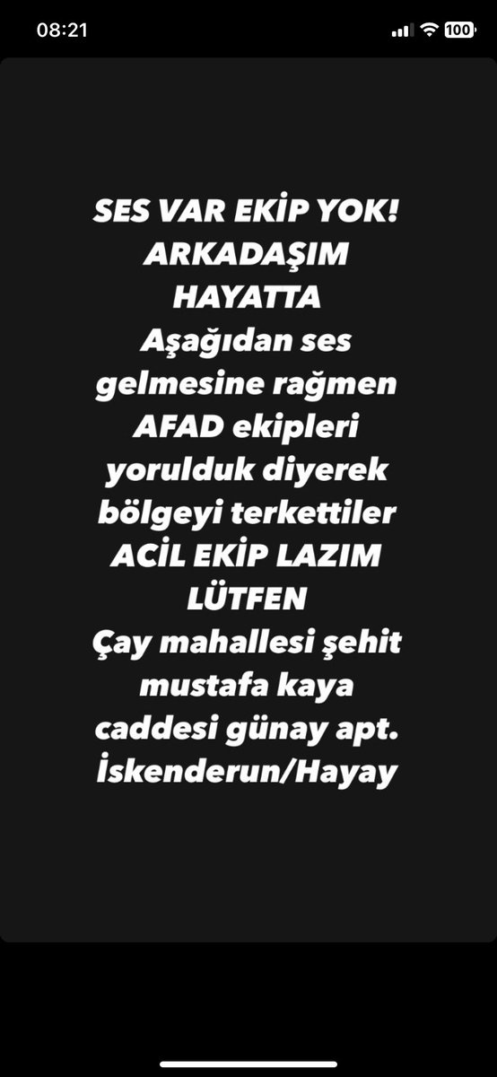 ACİL YARDIM  LÜTFEN!!! <a href="/haluklevent/">Haluk Levent ( Ahbap Ekibi )</a> <a href="/OguzhanUgur/">Oğuzhan Uğur</a> <a href="/AFADBaskanlik/">AFAD</a> <a href="/ahbap/">Ahbap</a> 
#AHBAP #EnkazAltında #depremden #Hatay #hataydeprem