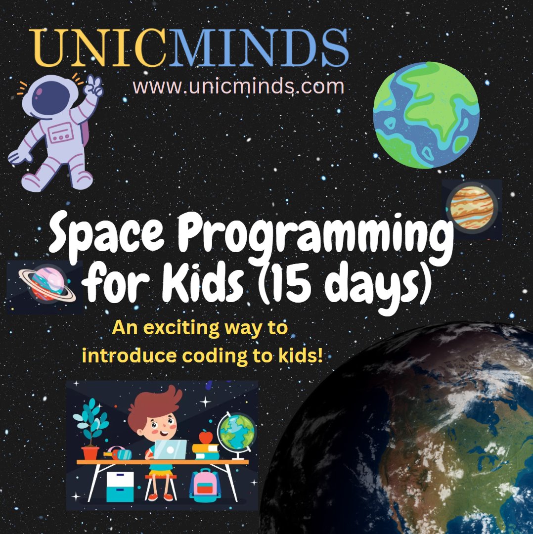 UnicMinds's tweet image. Space Programming Course for Kids (15 classes) - This is a fun course to initiate kids to programming and at the same time to let the children have an exciting and fun learning experience about space physics that they’ll remember forever. #codingforkids #codingclasses #codingkids