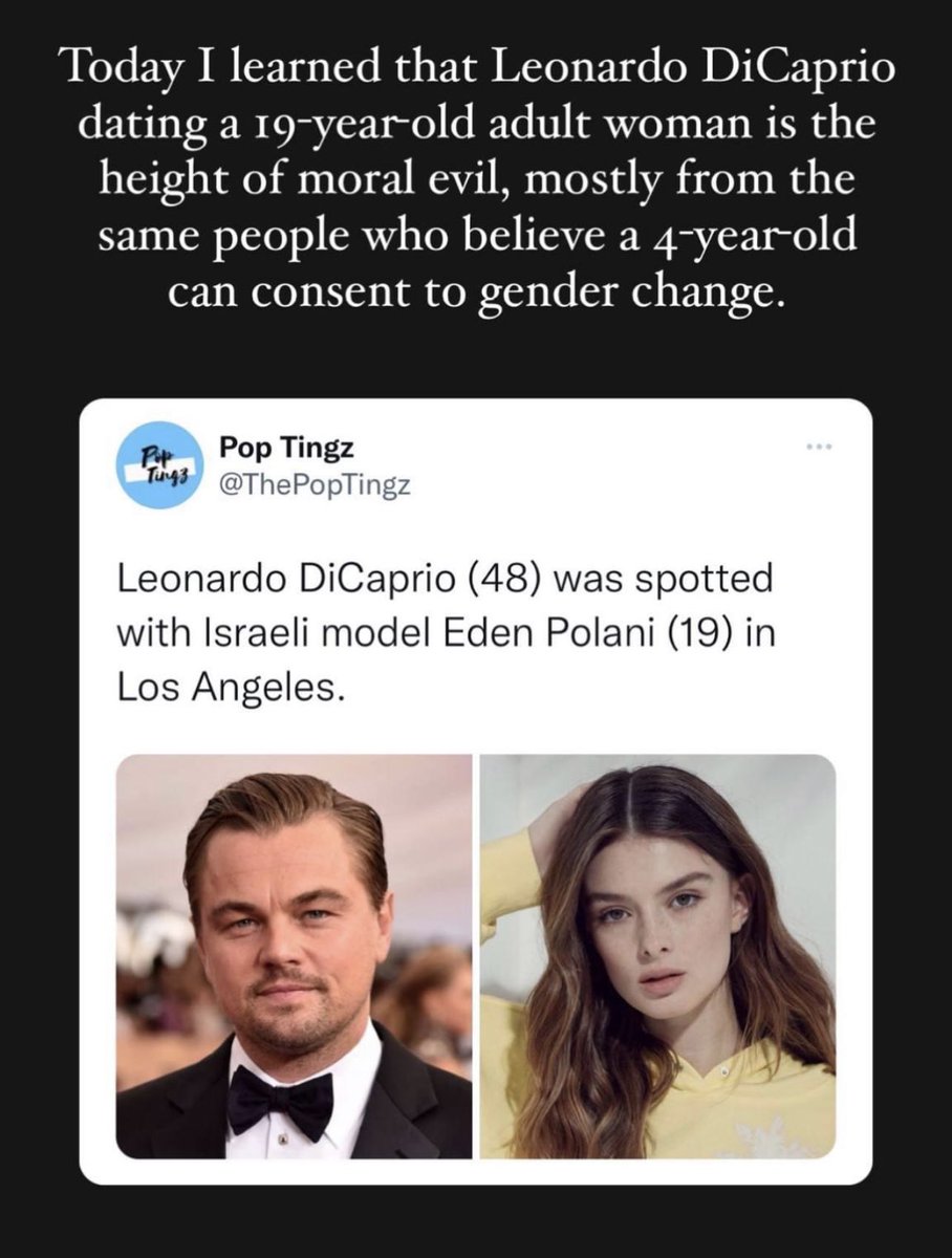 Who cares who #DiCaprio is dating. They’re both consenting adults, I presume? Not my circus, not my monkeys. #StopTheHypocrisy #ButtOut #NoneYaBusiness #MakeItMakeSense