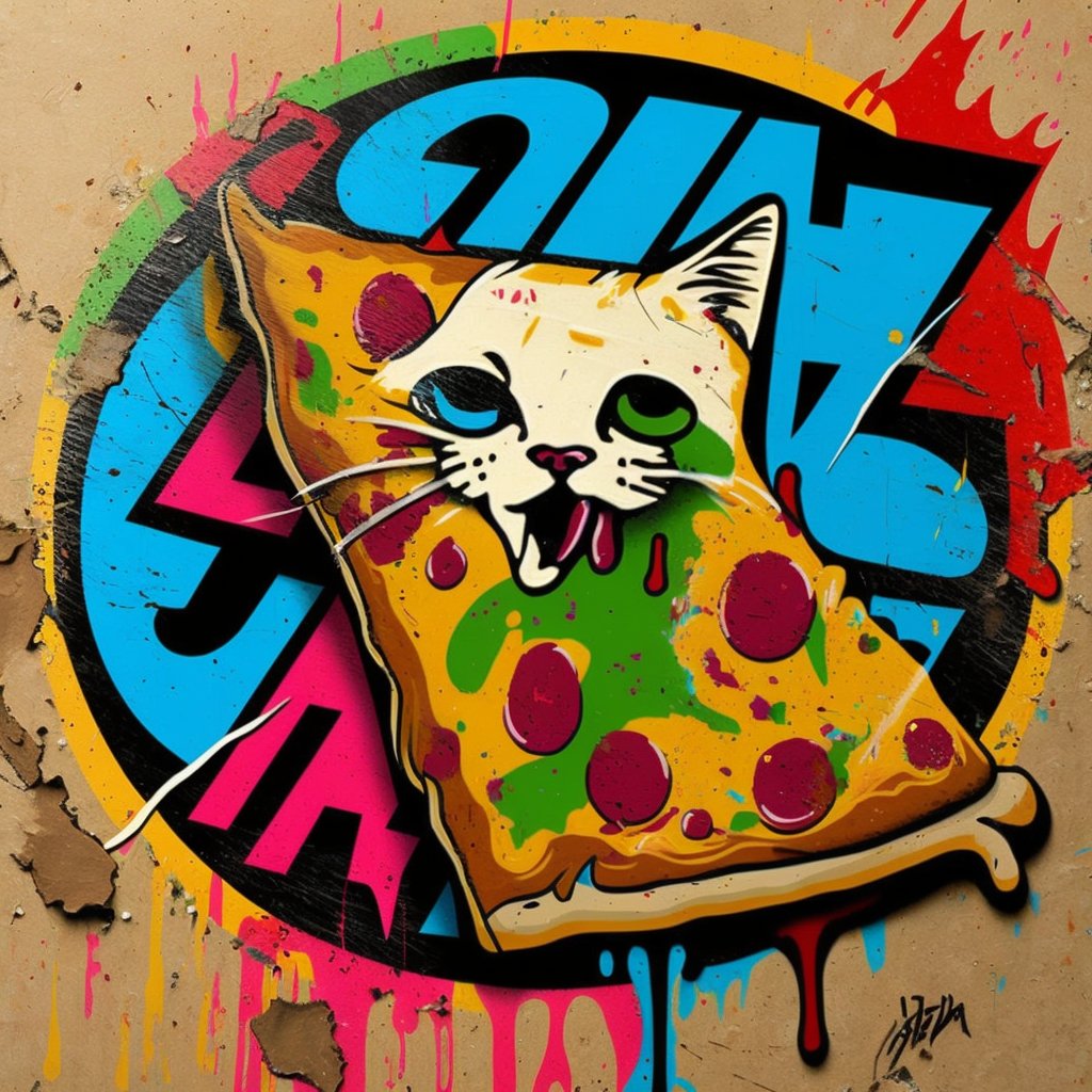 pizzacatnocap's tweet image. Surf&apos;s up, pizza down... 🏄‍♂️🍕🐱 #hangten #pizzaart #graffiti #aigeneratedart