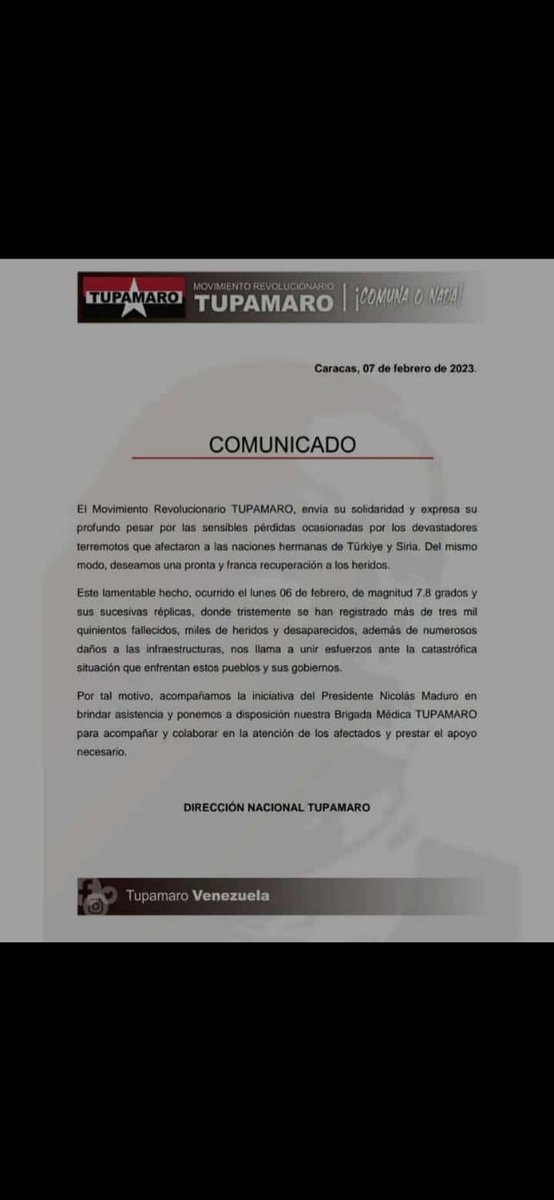 Tupamaro Anaco le damos 
Todo nuestro apoyo y solidaridad a las hermanas naciones de Türkiye y Siria trás las irreparables pérdidas humanas ocasionadas por los terremotos .
<a href="/NicolasMaduro/">Nicolás Maduro</a>
#ComunaYProducción 
#VenezuelaMonumental