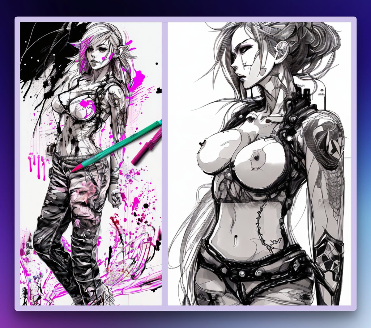 seductive_ai's tweet photo. Both of these were done starting with 512x512 and then outpainted multiple times downward to create the body.  I like how they turned out!

#AIart #AIArtCommunity #KREA #kreacanvas #splatterpaint #nsfwtwt #babes #penstyle #inked #waifu #tastefulnudes #sexy #inkedup #sendnudes https://t.co/wwb8D9Wm1y