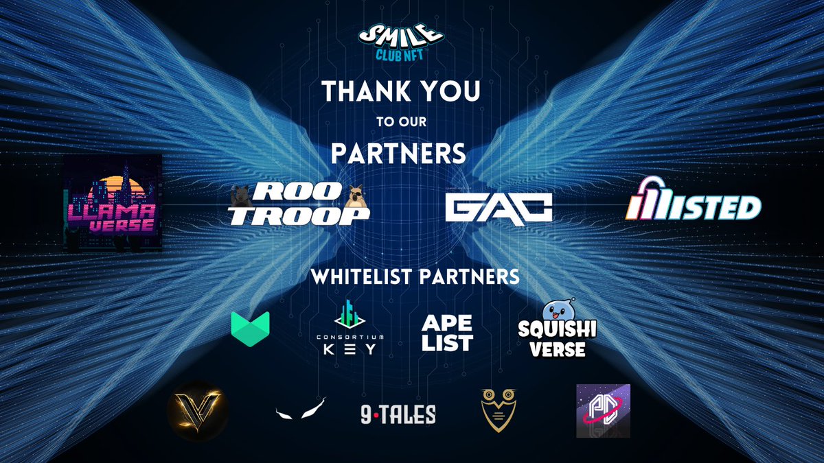 SmileClubNFTs's tweet photo. Partner appreciation post!

Thank you to our longterm SmileMarket partners🙏🏼
@RooTroopNFT 
@Llamaverse_ 
@GamingApeClub 
@illisted_ 

Thank you to our WL partners. The Patient List is full of some strong communities 💪🏼 @Mintify @ConsortiumKey @TheApeList_ @VinlandOfficial more 👇 https://t.co/jfCbN7x4yB