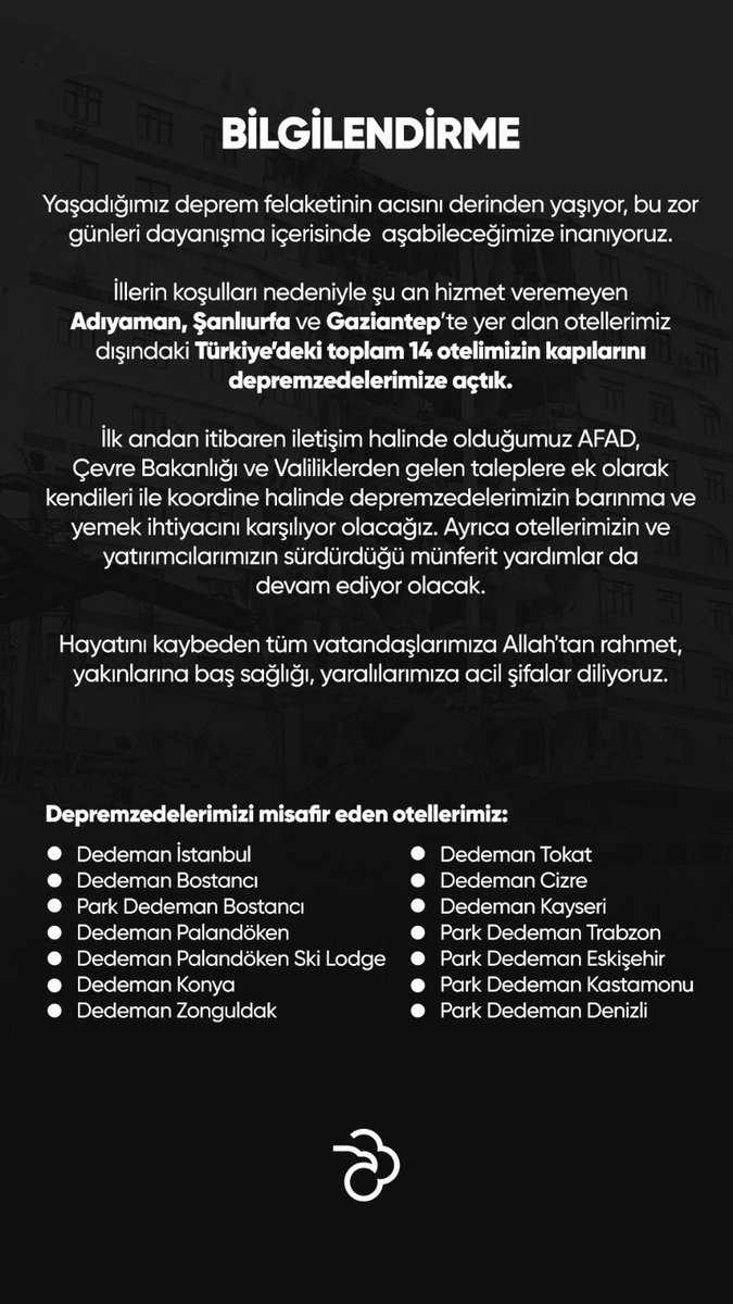 👇 Dedeman Otelleri, Türkiye’deki toplam 14 otelin kapılarını depremzedelere açtığını duyurdu.
