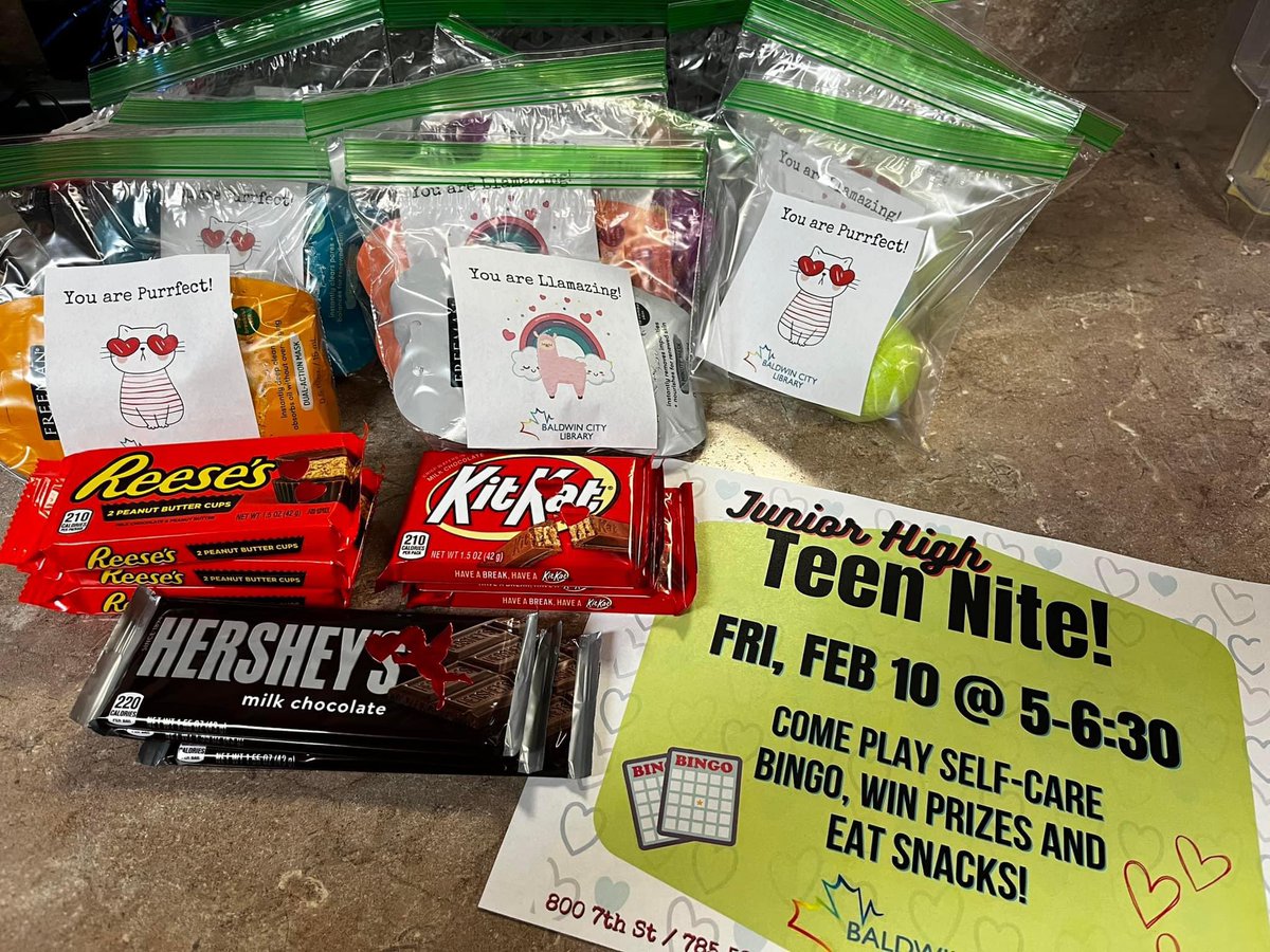 bclibrary_ks's tweet photo. ✨♥️Junior high folks, Friday’s Bingo night is all about treating yourself!♥️✨ Come play and have a chance to win shower steamers, facial masks, Axe and Old Spice products, and CHOCOLATE! ￼ https://t.co/iqFzG6HfCs