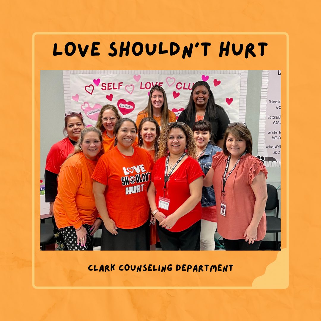Did you know that 1 in 3 U.S. teens will experience some form of abuse from someone they’re in a relationship with before they become adults? 

#Today we wore orange for Teen Dating Violence Awareness! #beaboutit #tdvam23
<a href="/clark_texasgc/">Yvonne E Martinez</a> <a href="/ClarkCounsDept/">Clark Counselors</a> <a href="/NISDClark/">Tom C. Clark HS</a> <a href="/NISDClark/">Tom C. Clark HS</a>