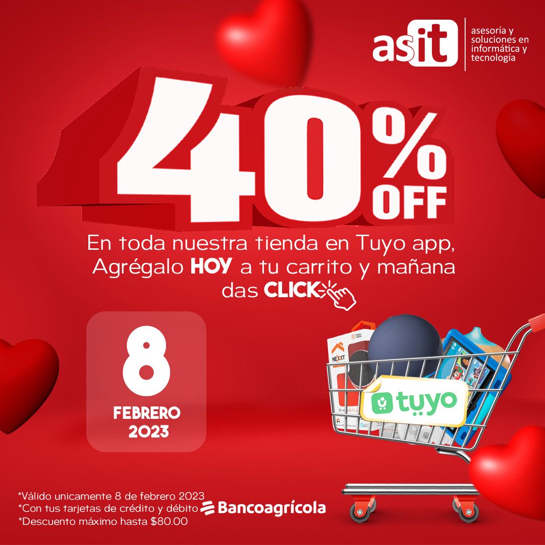 Hey! MAÑANA 40% de descuento pagando con <a href="/bancoagricolasv/">Bancoagrícola</a> en todos nuestros productos comprando por <a href="/tuyoapp_/">Tuyo App</a> 

link.tuyoapp.com/store-56/ASIT
