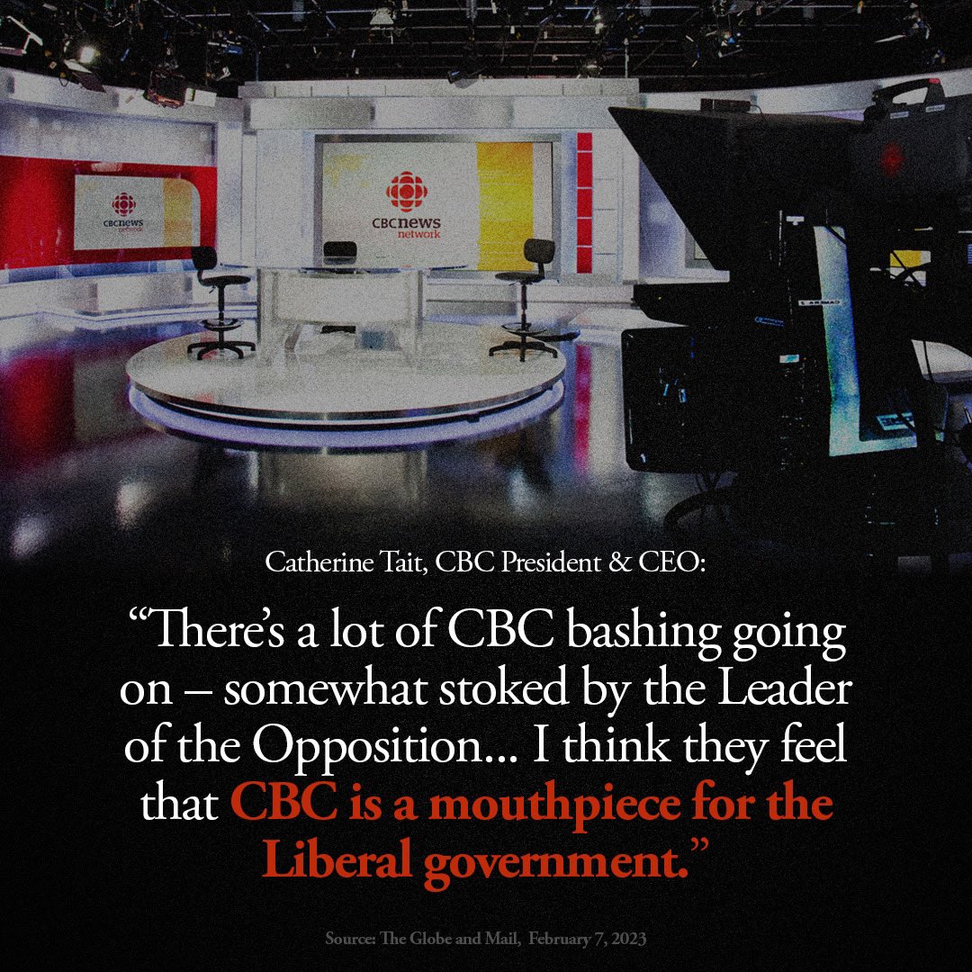 PierrePoilievre's tweet photo. CBC’s overpaid President &amp; CEO is not even pretending to be unbiased.

She launched a partisan attack against me, proving my claim that the $1.2 billion corporation is a mouthpiece for Justin Trudeau.

Sign up here to help me go around them: https://t.co/R8BvsAcjeg https://t.co/uVrk9FJdes