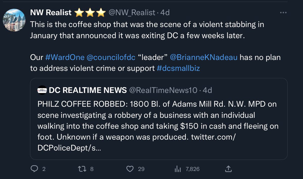 NW_Realist's tweet image. Opposing argument:
⏩ @charlesallen #defundMPD = 10%/~400 lost officers
⏩ Violent gun crime in @AdamsMorganANC ↗️42% since
⏩ ANC1C ANCs claiming illegal pot shops are neutral or positive!
⏩#dcsmallbiz fleeing violence

Maybe “poor neighborhood leaders” are making things worse