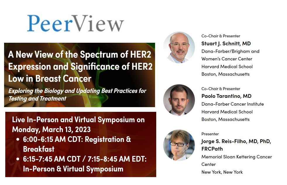 A New View of HER2 Expression | Join Drs. Tarantino, Schnitt and Reis-Filho on March 13 in Person or Online for this <a href="/PeerView/">PeerView</a> Symposium ➡️Testing/Treatment Advice for #HER2Low #BreastCancer.  
Register here:  PeerView.com/865/23HER2Low
<a href="/PTarantinoMD/">Paolo Tarantino</a> <a href="/SchnittStuart/">Stuart Schnitt</a>