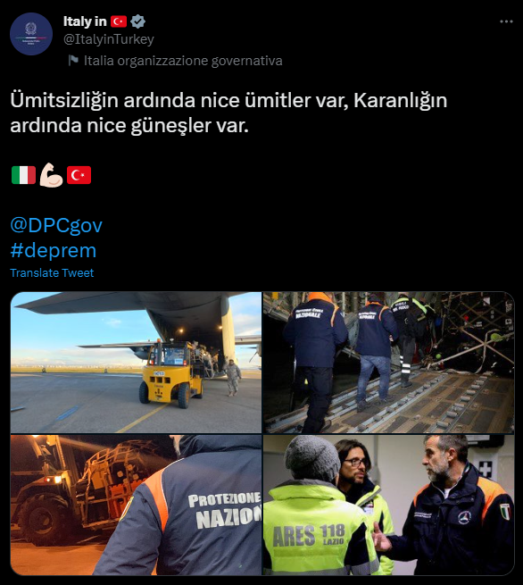 ConflictTR's tweet photo. İtalya Büyükelçiliği; deprem bölgesine yapılan yardımları paylaştığı sosyal medya gönderisinde, Türkiye'nin pandemi döneminde İtalya'ya yolladığı yardım paketlerinin üzerindeki cümleyi kullandı:

"Ümitsizliğin ardında nice ümitler var, karanlığın ardında nice güneşler var." https://t.co/4QzvvLeTnf