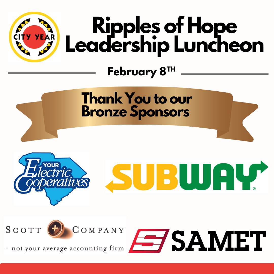 Thank you to our Bronze Sponsors @subway @SCcooperatives, @ScottCoCPA @sametcorp for your support for our upcoming Ripples of Hope - Leadership Luncheon on February 8th! #CityYearCola #LeadershipLuncheon #Sponsor #ColonialLife #Service #GiveBack #Mentors