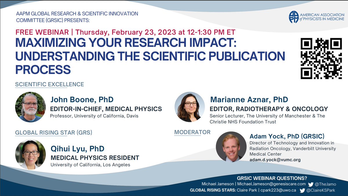 A great opportunity for early career researchers‼️
The @aapmHQ GRSIC committee is organizing a webinar on preparing scientific publications.
⏲️Thursday February 23 at 12 PM.
You can register on us06web.zoom.us/webinar/regist…
#ScientificWriting #MedPhys