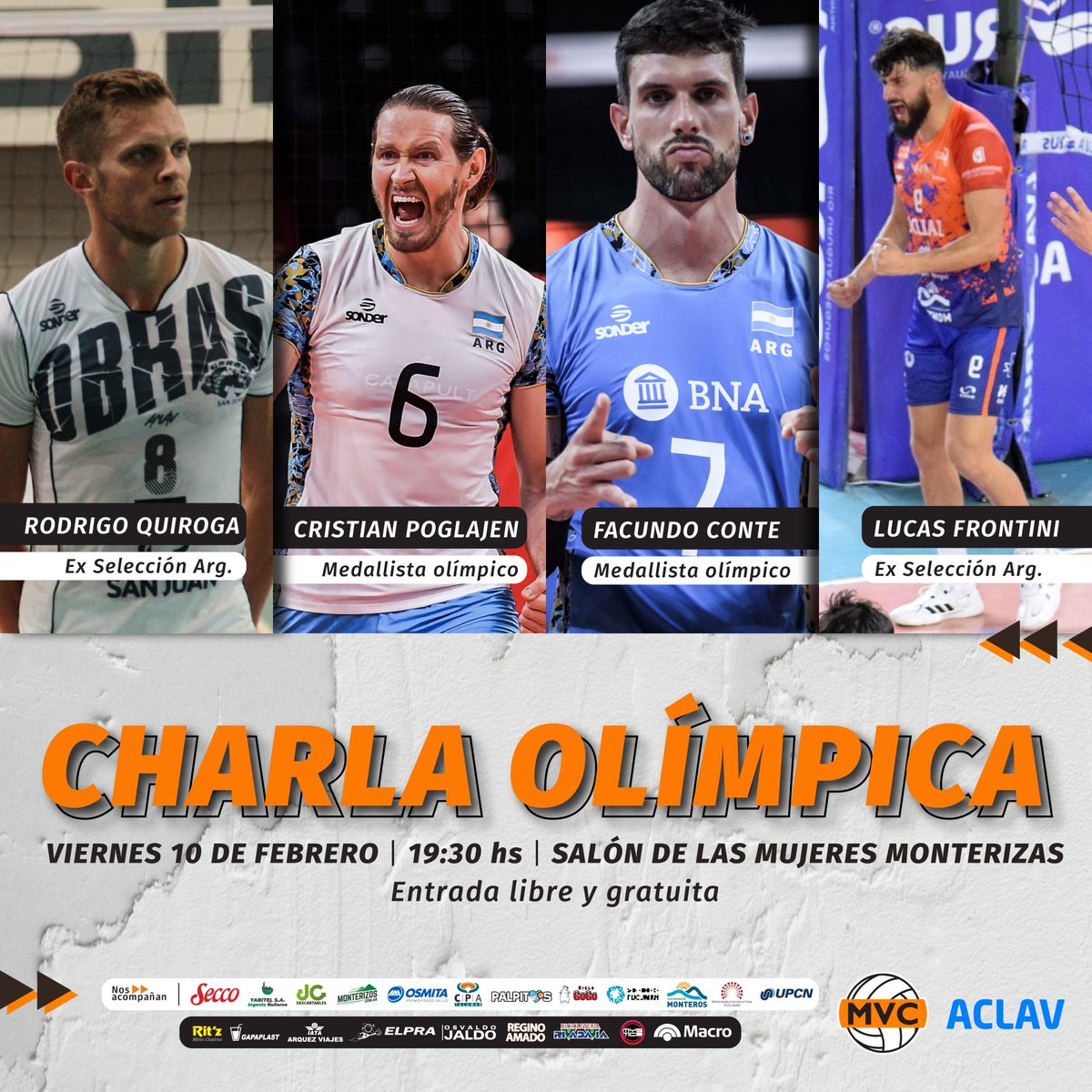 #lva 🥉 Charla Olímpica en #Monteros

🏐 <a href="/FacuConte7/">Facundo Conte</a>  y <a href="/CrisPoglajen/">Polaco Poglajen</a> , ganadores de la medalla de bronce en Tokio 2020 estarán a cargo de la charla y contarán sus experiencias con la Selección Argentina.

La jornada es organizada conjuntamente entre Monteros Vóley y <a href="/VoleyACLAV/">Liga de Voleibol Argentina ACLAV</a>