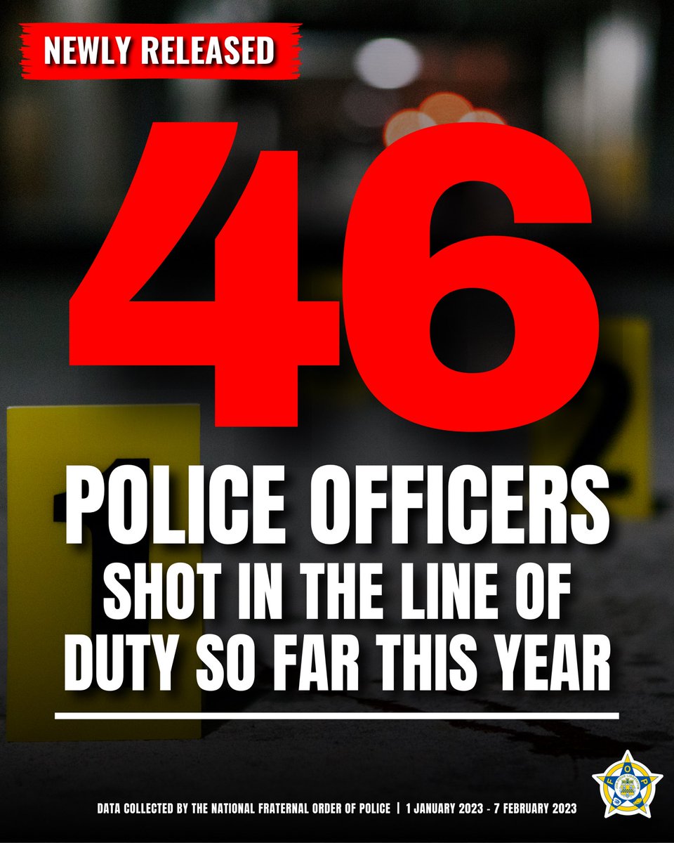 GLFOP's tweet photo. The violence against cops in this country shows no signs of slowing down.

In the first 38 days of 2023, we’ve seen 46 officers shot (+109% from 2020 YTD).

⚠️ Criminals no longer care about shootings cops. They no longer fear of having to face the consequences of their actions. https://t.co/XKkjtObr8f