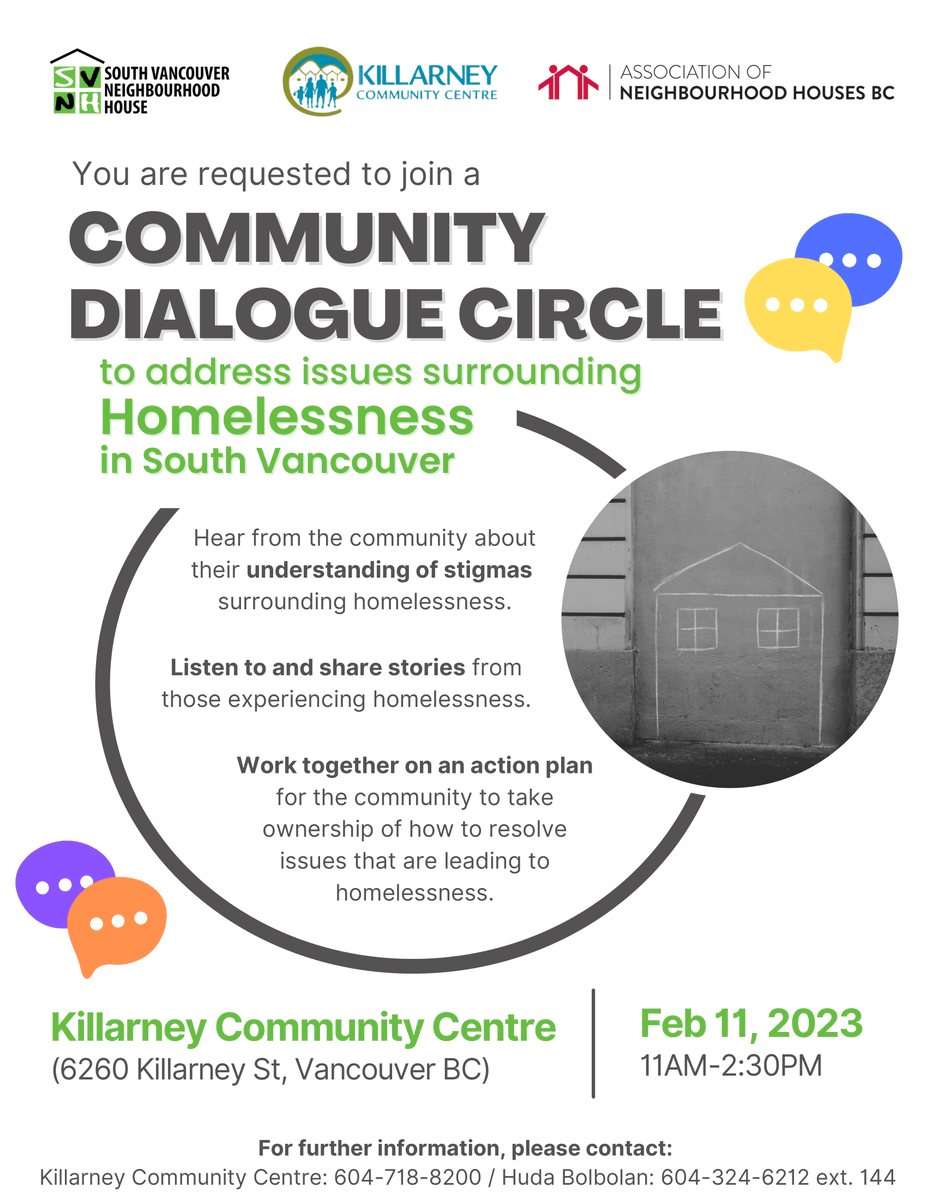 Join us for a Community Dialogue Circle to address issues surrounding homelessness in #SouthVancouver

See poster below for more details 👇

For more information on our programs, events and services visit us at southvan.org
