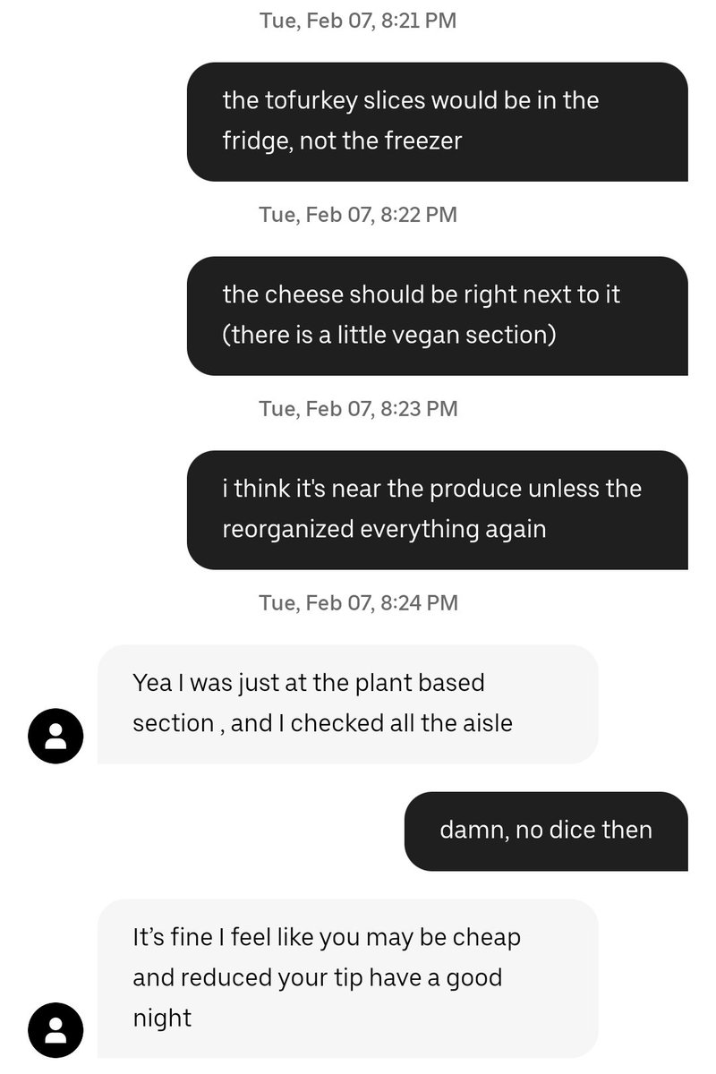 hernotyou's tweet photo. Another @UberEats fairy tale. 
He wasn't even trying. 💩😭  
After sending me pictures of "alternatives" straight from the dead meat aisle. 🤮 https://t.co/wnwtRTkVH9