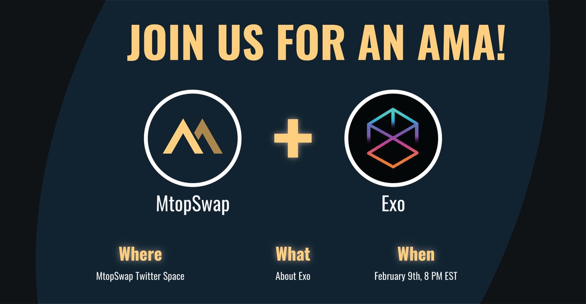Swoop_Exchange's tweet image. Join us for an #AMA to learn about @exoDefi's unique cross chain swap on February 9th at 8 PM EST!  

Set a reminder 👇