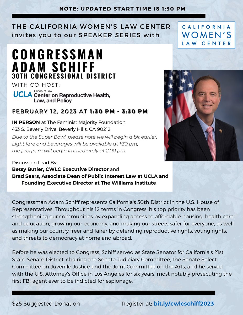 CWLC_la's tweet photo. The California Women's Law Center invites you to our Speaker Series with Congressman Adam Schiff and @UCLAReproPolicy 
To RSVP, please register at https://t.co/QwjYdwTUbj https://t.co/rdgTpyC6W8