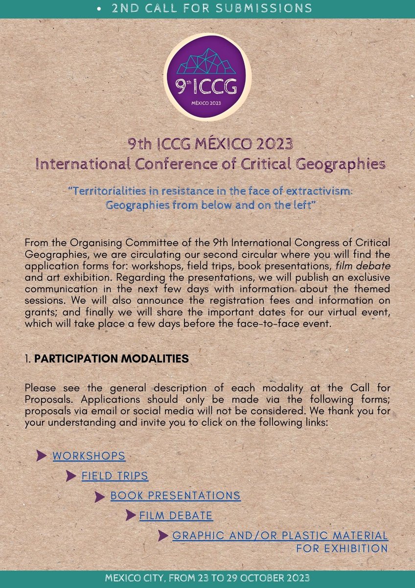 iccg2023's tweet photo. SECOND CIRCULAR: CALL FOR PARTICIPATION 
↘️ Workshops: https://t.co/dIxwNaSNhb
↘️ Field trips: https://t.co/3VSFncB5w8
↘️ Book presentations: https://t.co/OrmB52dZF6
↘️ Film debate: https://t.co/P75Kp9liOl
↘️ Graphic and/or plastic material for exhibition: https://t.co/YcCzHkMEmD https://t.co/dSb46GbVkX