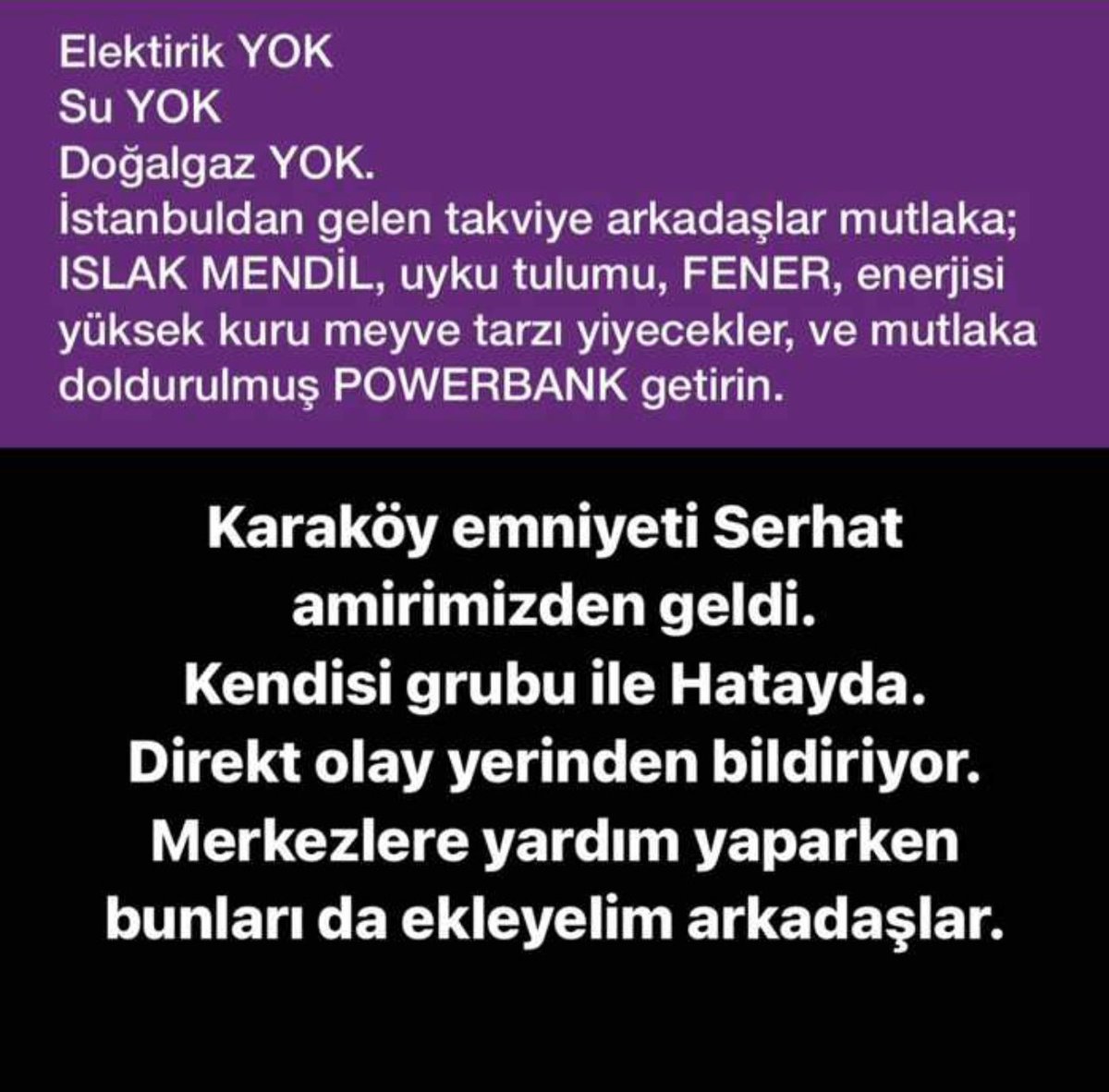 Kuzey Kurt (@kuzeykuurt) on Twitter photo 2023-02-08 01:41:08 Önemli!! Deprem bölgelerine yardım toplayan merkezlere yayalım lütfen. Yardım kolilerimizde acil olan şeyleri bulundurmaya özen gösterelim. @ahbap @haluklevent @OguzhanUgur #seferberlik #deprem #YARDIM #ACILYARDIM #MARAS #hatayyardimbekliyor Önemli!! Deprem bölgelerine yardım toplayan merkezlere yayalım lütfen. Yardım kolilerimizde acil olan şeyleri bulundurmaya özen gösterelim. @ahbap @haluklevent @OguzhanUgur #seferberlik #deprem #YARDIM #ACILYARDIM #MARAS #hatayyardimbekliyor