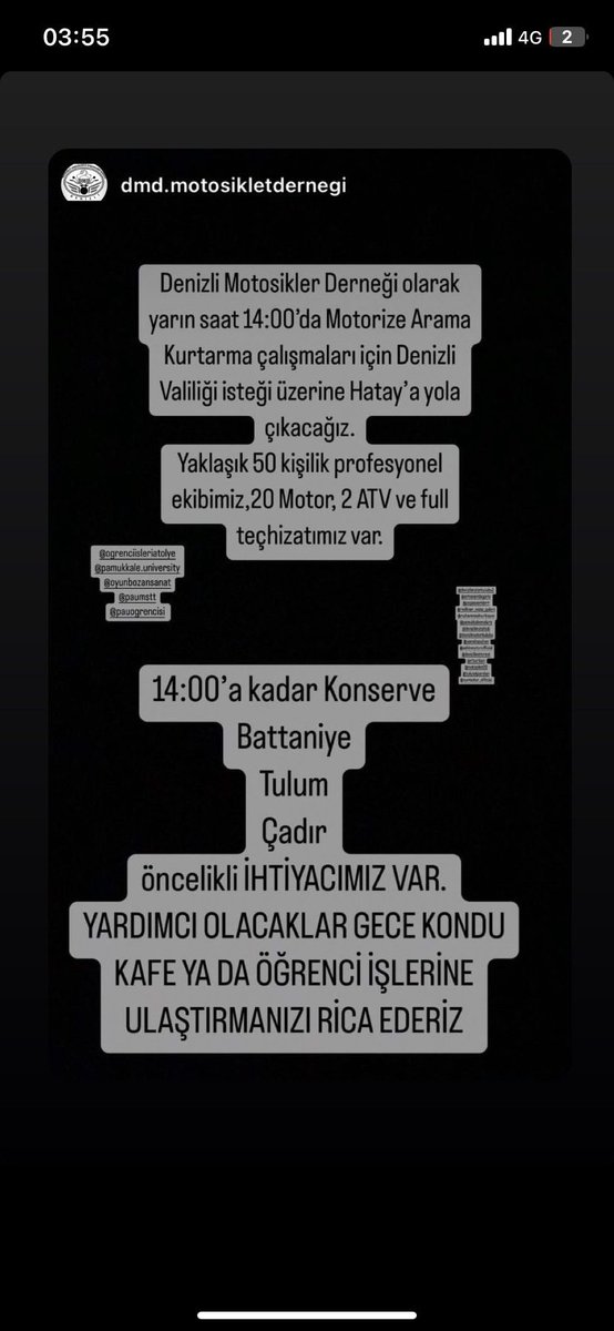 denizlivatandas's tweet photo. Denizli Motorsiklet Derneği, #deprem bölgesinde arama kurtarma faaliyetleri için Valilikten izin aldı. Yardım malzemesi ihtiyaçları var. Destek olmak isteyenlere ulaşabilmemiz için RT edebilir misiniz 🙏 https://t.co/JdhdZaYxD5