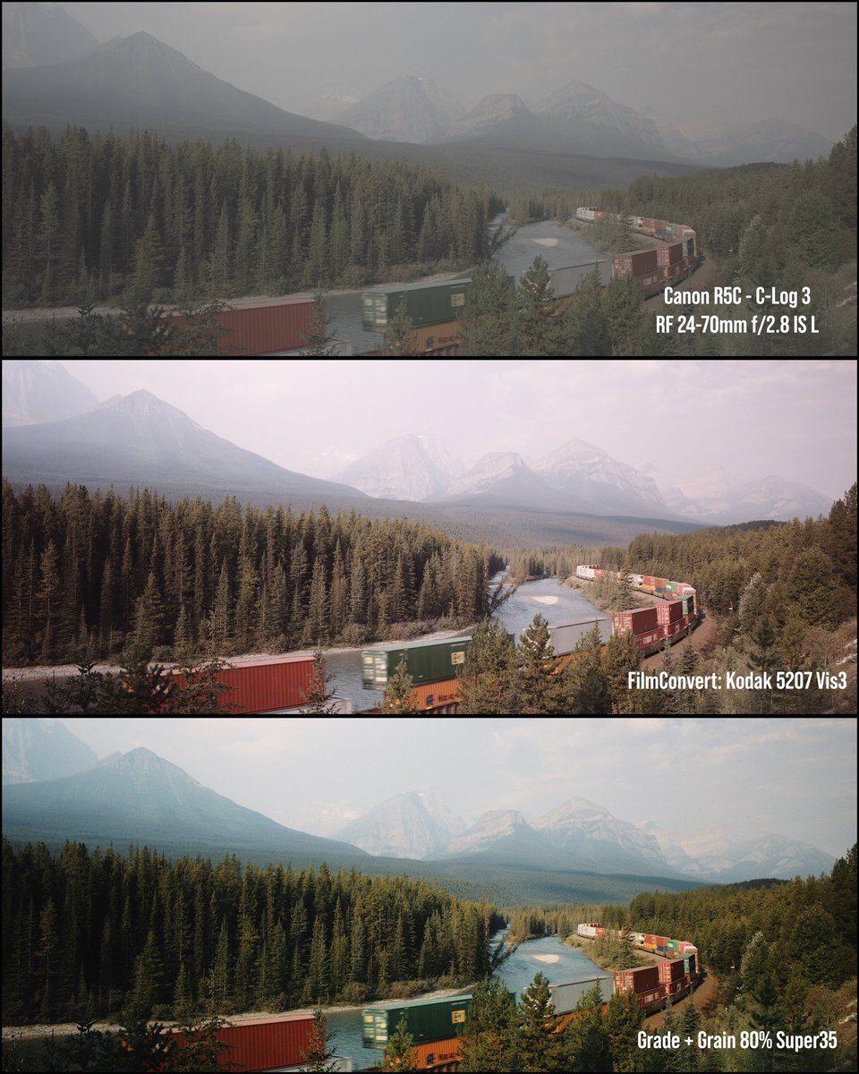 robinferand's tweet photo. A few stills from Morant’s Curve in Banff National Park, AB | Summer 2022.
Swipe left to see the colour grading process from C-Log 3 to Rec 709 to Kodak 5207 Vision 3 Emulation
#ShotOnCanon #CanonR5C #colograding #filmconvert https://t.co/PHO4Bpuw86