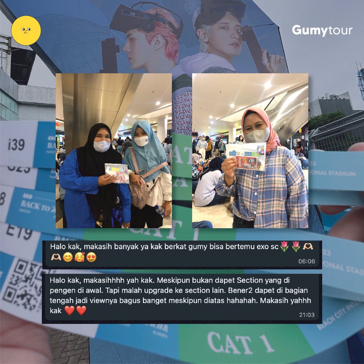 gumytour's tweet photo. So, how's the fancon yesterday L's? Masih PCD gak nih kira kira? π
Anyway, Let's see what they said about our ticketing service for #EXOSC_BackToBack in Jakarta, thank you for trusting Gumyπ see u in another concert!
#Gumy_Testimonial #EXO #BackToBackJakarta #SEHUN #CHANYEOL https://t.co/I0aiWSOn8E