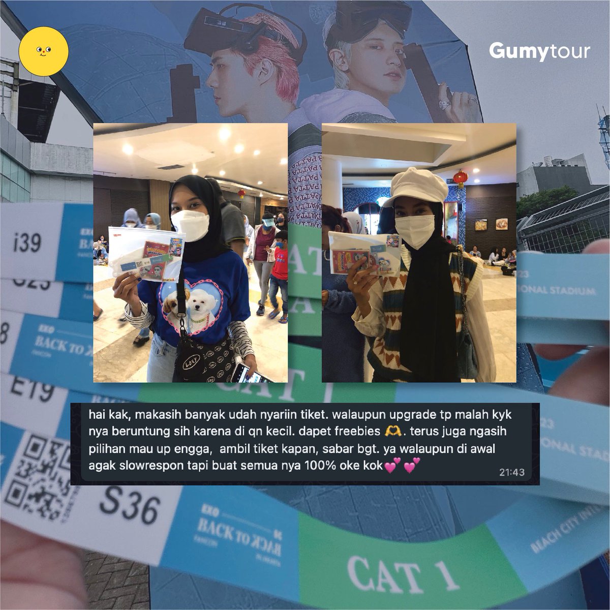 gumytour's tweet photo. So, how's the fancon yesterday L's? Masih PCD gak nih kira kira? π
Anyway, Let's see what they said about our ticketing service for #EXOSC_BackToBack in Jakarta, thank you for trusting Gumyπ see u in another concert!
#Gumy_Testimonial #EXO #BackToBackJakarta #SEHUN #CHANYEOL https://t.co/I0aiWSOn8E