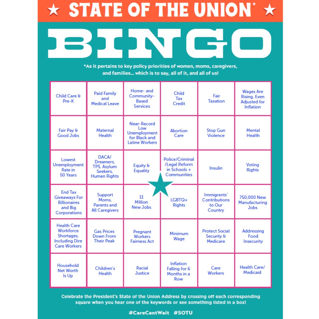 We're playing along tonight in #CareCantWait #SOTU BINGO. Have a virtual party with us and <a href="/POTUS/">President Donald J. Trump</a> tonight as we watch the #StateOfTheUnion together. Celebrate good policy and what's left to be done, watch together. 👉🏽  fal.cn/3vHbH