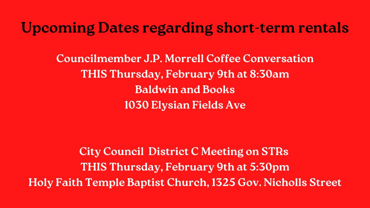 JanePlaceCLT's tweet photo. City Council is voting on new STR measures beginning next week on Thursday, Feb. 16th @ 10am (yes, that’s the day Muses rolls. No, we’re not happy about it). Please see the images for dates and details.
#homesforpeoplenotforprofits #neworleans #nola #stopSTRs #stopAirbnb https://t.co/6rAe3pw9K3