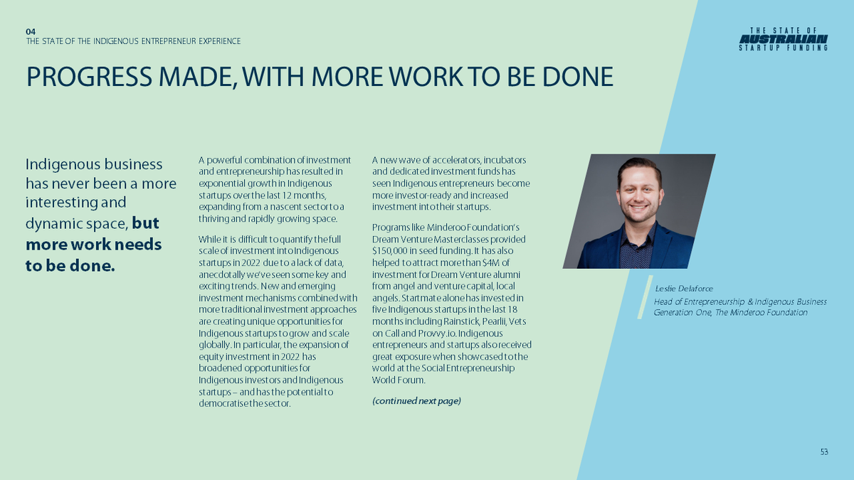 The State of Australian Startup Funding 2022 is live containing a section dedicated to First Nations entrepreneurship and investment!

Huge shout out to <a href="/cutthroughvc/">Cut Through</a> and <a href="/Folklorevc/">Folklore Ventures</a>! 
Download the report👇australianstartupfunding.com 

#VentureCapital #StateofAusStartup #FirstNations