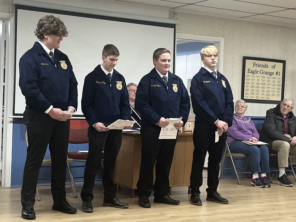 UlrichFarm's tweet photo. FFA Blue Jacket presentations at Eagle Grange #1 tonight. Students conducted a formal opening and closing and recited the FFA Creed. #OneProudFFAAdvisor https://t.co/h9ZtmPUHET