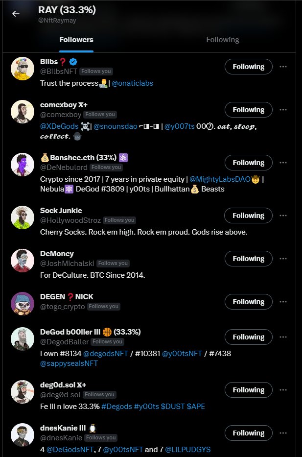 i see <a href="/y00tsNFT/">y00ts</a>/ <a href="/DeGodsNFT/">DeGods</a> pfp, i follow. it's simple.