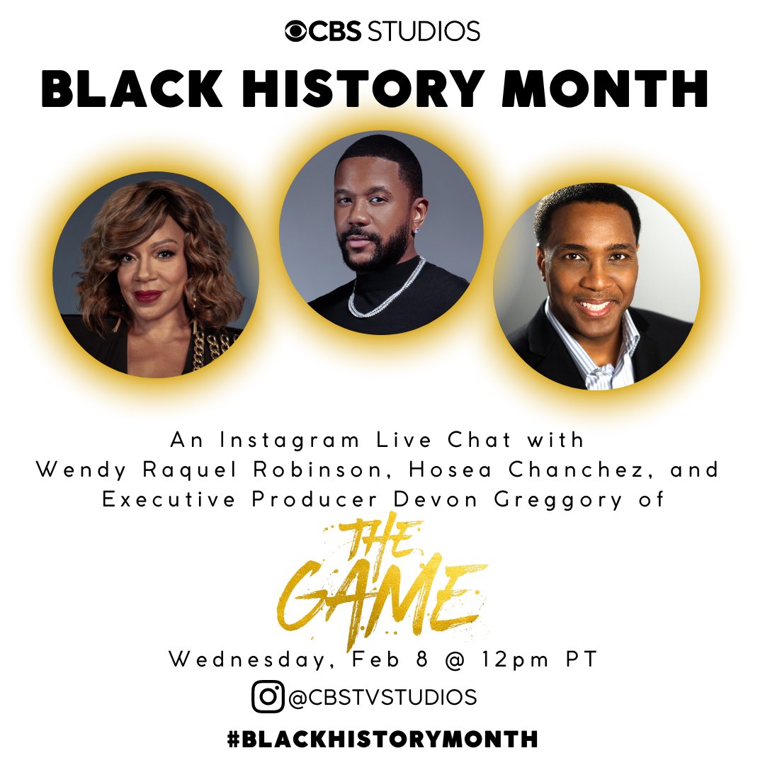 Join me, @iamwendyraquel and @hoseachanchez for an IG Live with @cbstvstudios to chat about the season finale of #TheGame and the importance of #BlackStories this #BlackHistoryMonth! Tune in on @cbstvstudios Instagram on February 8 at 12pm PT! #TheGameSeries #TheGameParamount