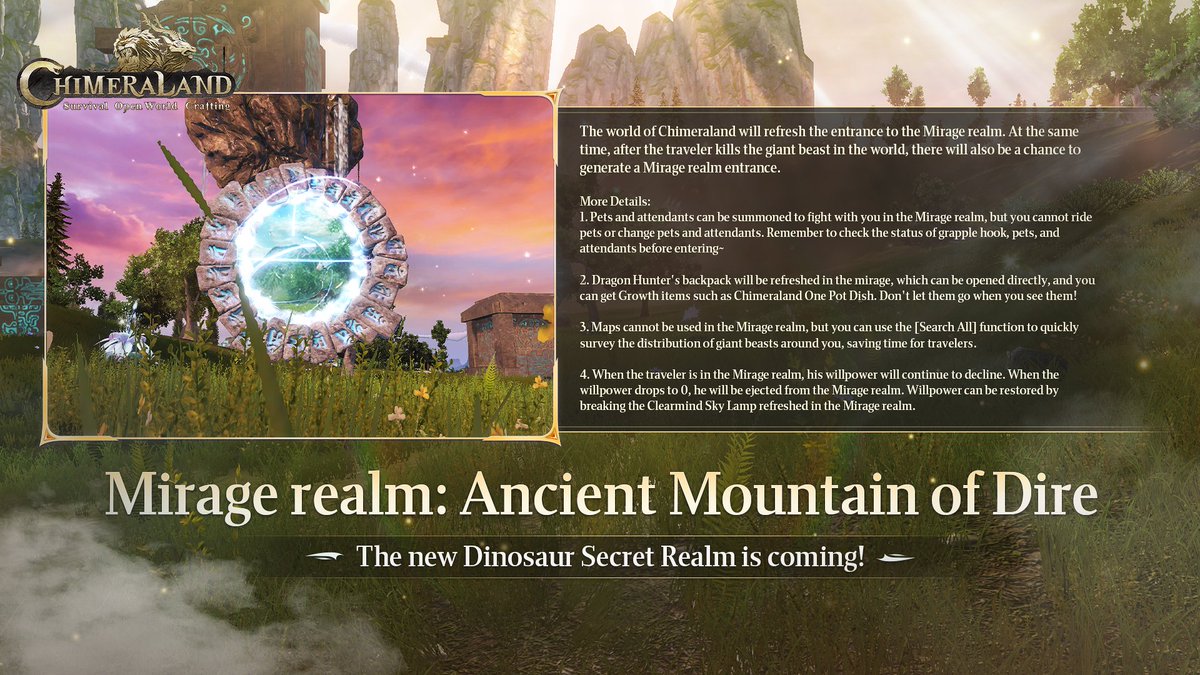 Chimeraland's tweet photo. - New Dinosaur Secret Realm -

Travelers can enter the New Dinosaur Secret Realm through [Mirage realm: Ancient Mountain of Dire]. 

See More Details>>>

#Chimeraland #SecretRealm https://t.co/UaKRJniYoc