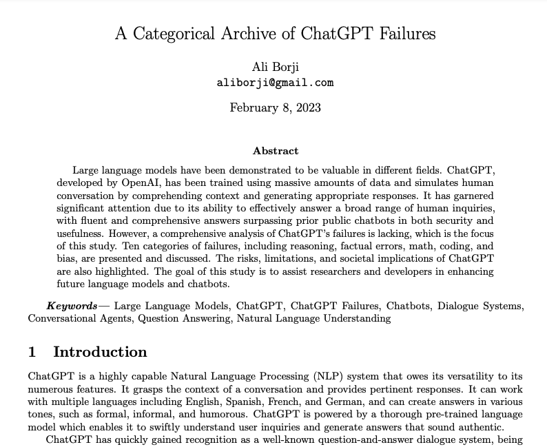 omarsar0's tweet photo. A Categorical Archive of ChatGPT Failures

Comprehensive analysis of ChatGPT failures for categories like reasoning, factual errors, maths, and coding.

If you are developing with LLMs it's important to know these failures. Good to see them documented.

https://t.co/lSrIrfuWcz https://t.co/B4pb9v8WAs
