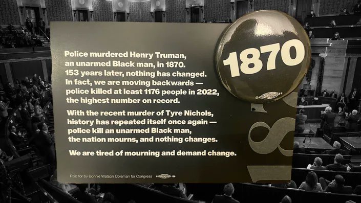 At tonight's #SOTU, members of the Congressional Black Caucus are wearing black pins with the number “1870” on them, which marks the year of the first known police killing of an unarmed and free Black person that occurred in the U.S. 

news.yahoo.com/black-1870-pin…