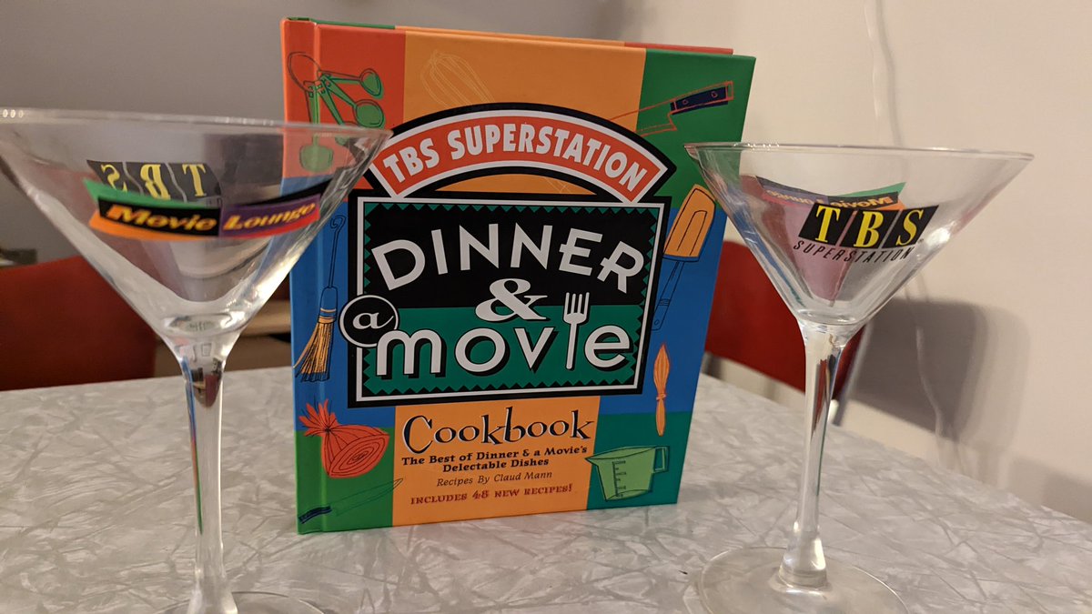 DamagedGoodsRdo's tweet image. Do you remember the TV show Dinner &amp;amp; a Movie on TBS? They'd cook dinner while watching a classic film. This 90s cookbook and martini glasses take me back to when TBS used to start every show at 8:05 instead of 8.  #dinnerandamovie #tbssuperstation #beansandcornbread #vintage