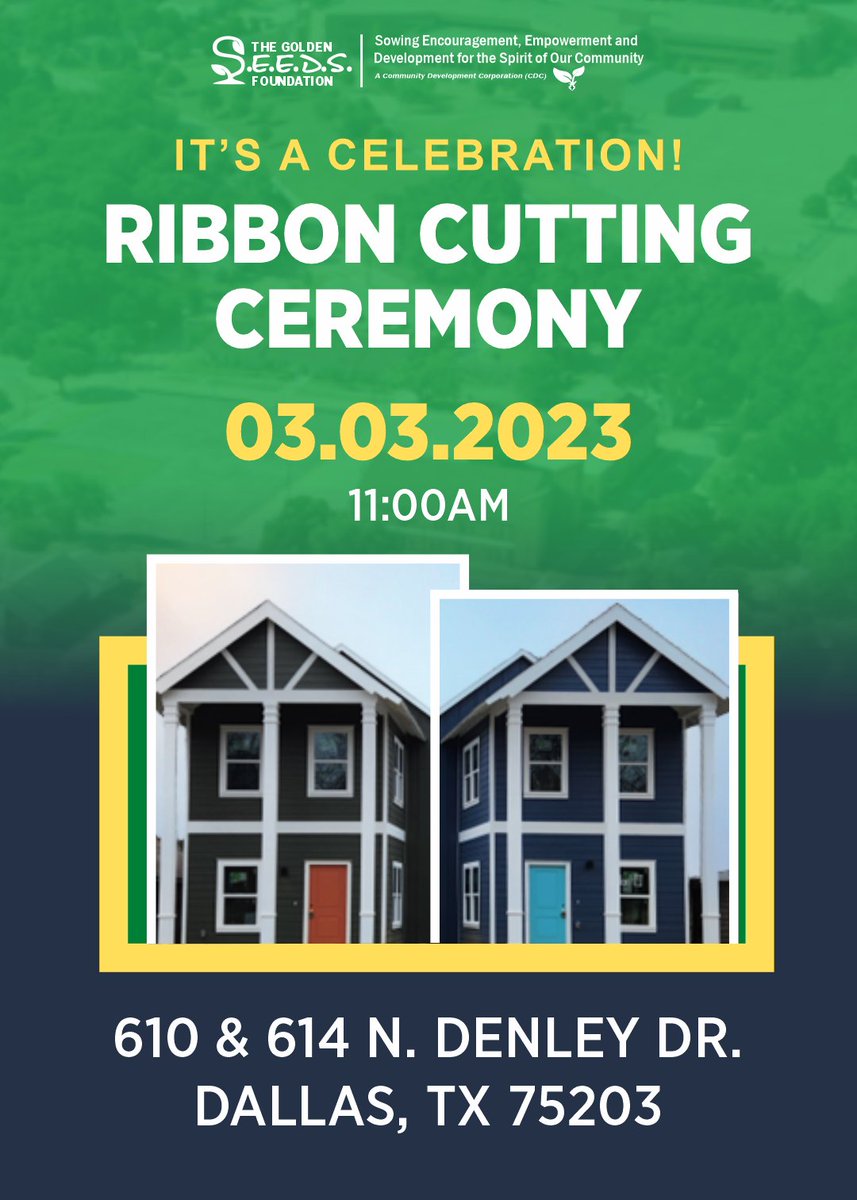goldenseedscdc's tweet photo. You are cordially invited to the ribbon cutting of 610 &amp; 614 N Denley Dr. Thank you for joining us on the  journey of building affordable housing in the Bottom District! Come celebrate this momentous occasion with us. Fri, March 3rd at 11am, at 610 N Denley Dr. See  you there! https://t.co/iuEZP6DuJx