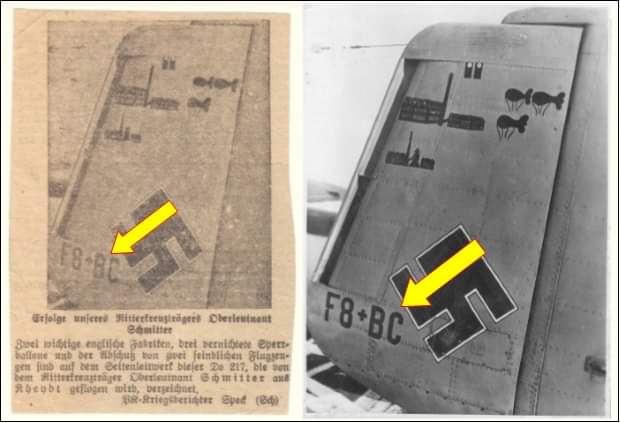 NicoJani2's tweet photo. Two images ("Der Adler" magazine clipping at left) of Wilhelm Schmitter's Dornier "Do-217E-2" victory tally, coded "F8+BC" of "II./KG 40". At the time of the photgraph Schmitter was credited with the severe damage or destruction of 2 factories, 3 barrage balloons and 2 aircraft. https://t.co/xG6EmK5V75