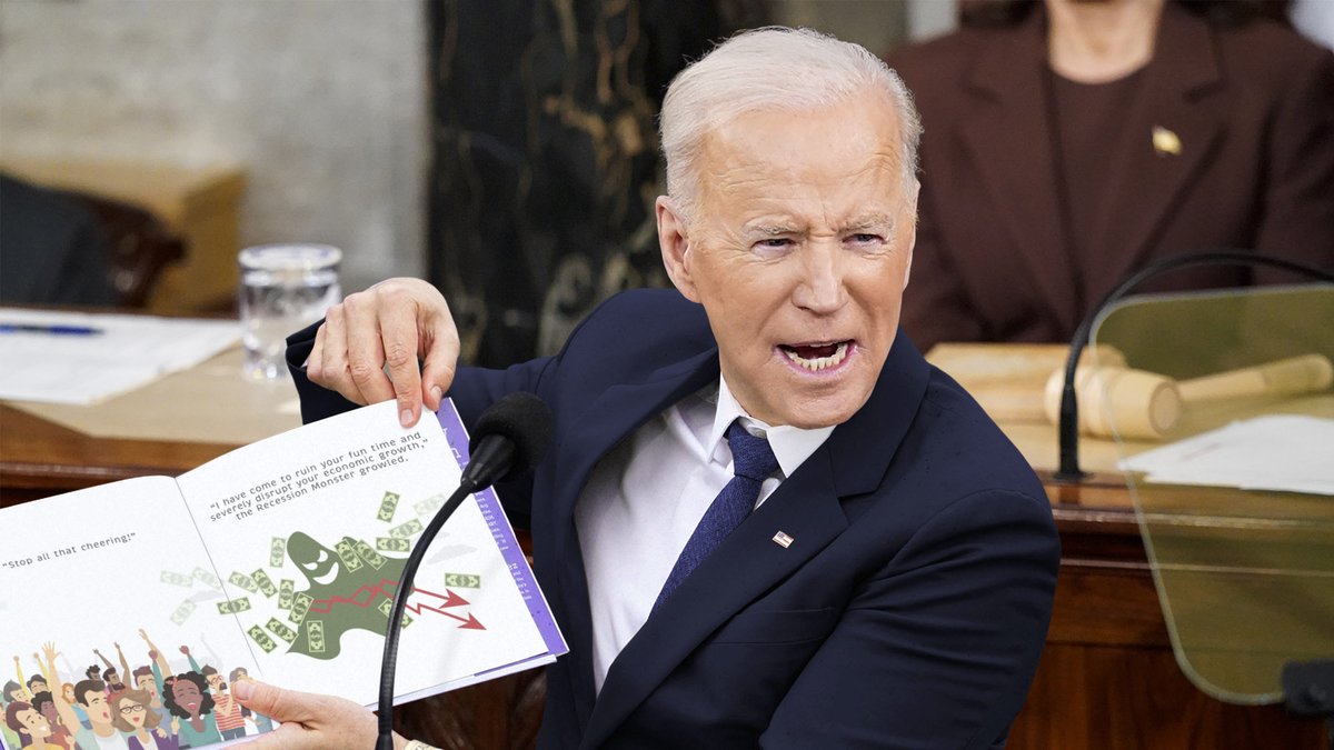 TheOnion's tweet photo. ‘But The Scary Balloon Popped, So They Went Back To Worrying About The Recession Monster,’ Says Joe Biden, Reading Illustrated Children’s State Of The Union https://t.co/MkL0BcHApj https://t.co/voXI12Q5gl