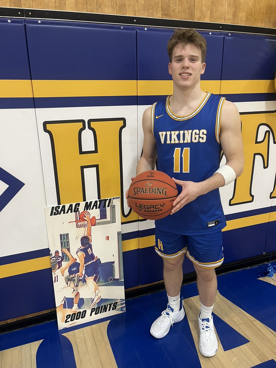 HHSVikings's tweet photo. Congrats to Isaac Matti, who scored his 2000th career point tonight!! 2nd player in school history to achieve the milestone (David Johnson, 2005 grad with 2468 career points). He scored 27 (with 13 reb, 8 ast) in the 77-58 win. Pack with 25, Jacobson 10, Fjerstad 7, Thoe 6. https://t.co/dkTklAmVOI
