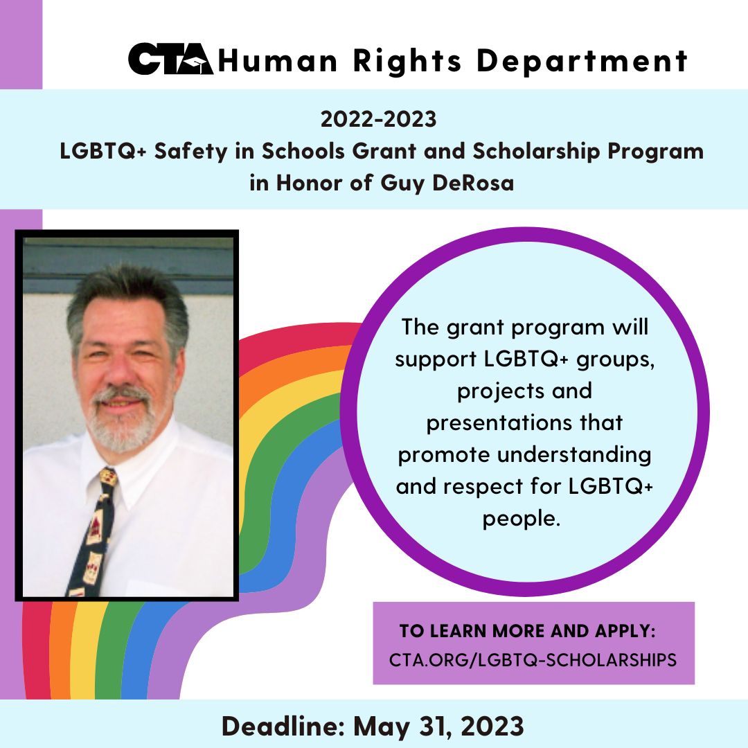 Our #LGBTQ+ Safety in Schools Grant &amp; Scholarship Program in Honor of Guy DeRosa supports:

🌈 Projects promoting respect for LGBTQ+ folks &amp; safety in public schools

🌈 LGBTQ+ educators pursuing a career in public education

Learn more here: cta.org/lgbtq-scholars… #WeAreCTA