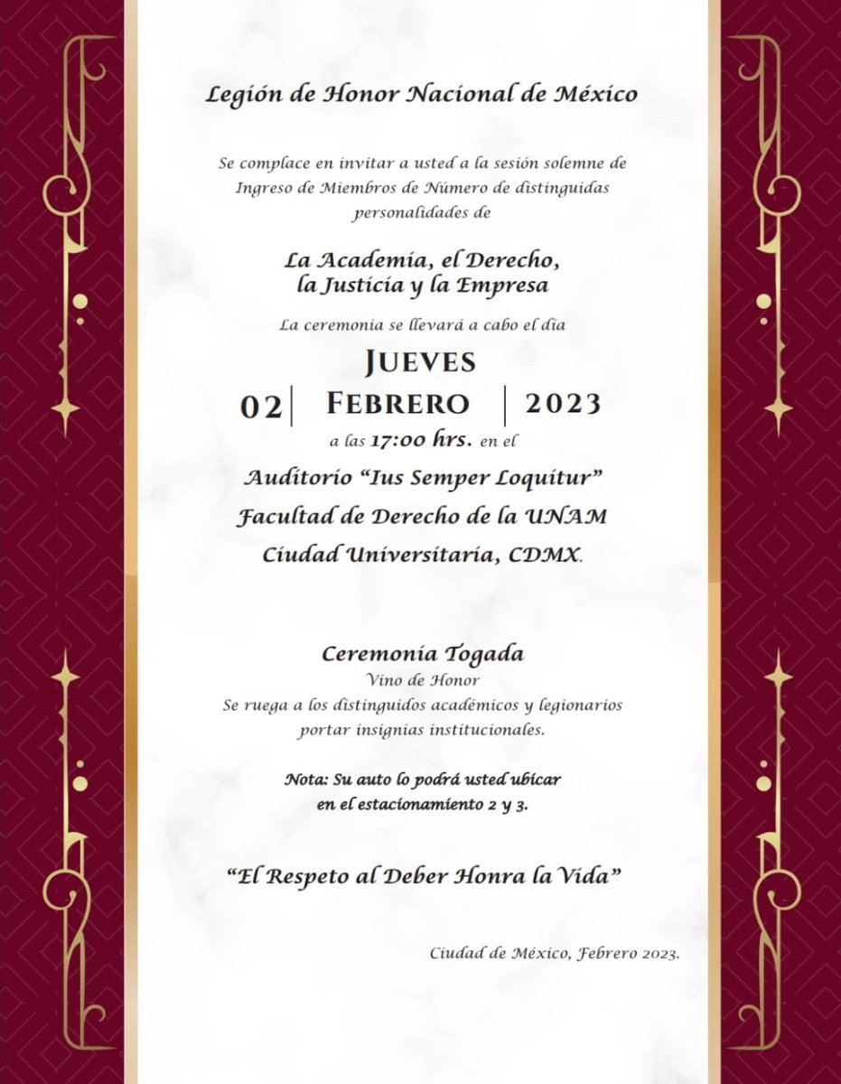 Queridas amistades, estoy muy contento de compartirles que recibí una invitación para formar parte de la Legión de Honor Nacional de México. Me es grato saber que mi trabajo ha logrado hablar por mí y que contribuye al crecimiento social. Muchas gracias a todos!!